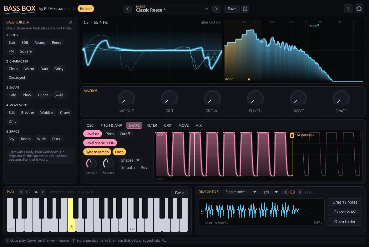 Shape tab: the Gate x8 curve, looped and synced to tempo, turns one held note into a gated bass.