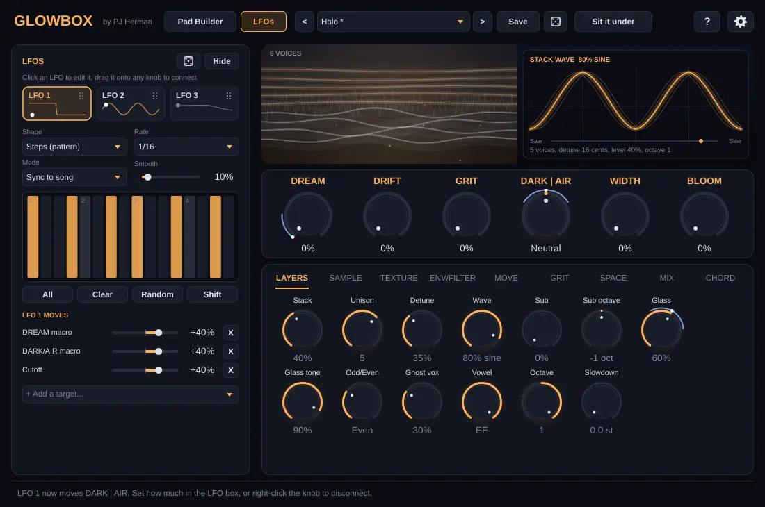 LFO box: a 16-step pattern on LFO 1, connected to two macros and the filter cutoff.