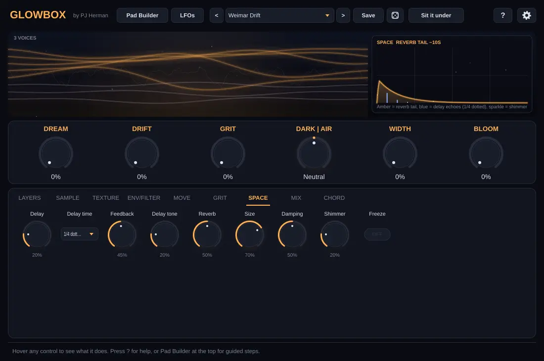 Space tab, with the reverb tail drawn in the display.