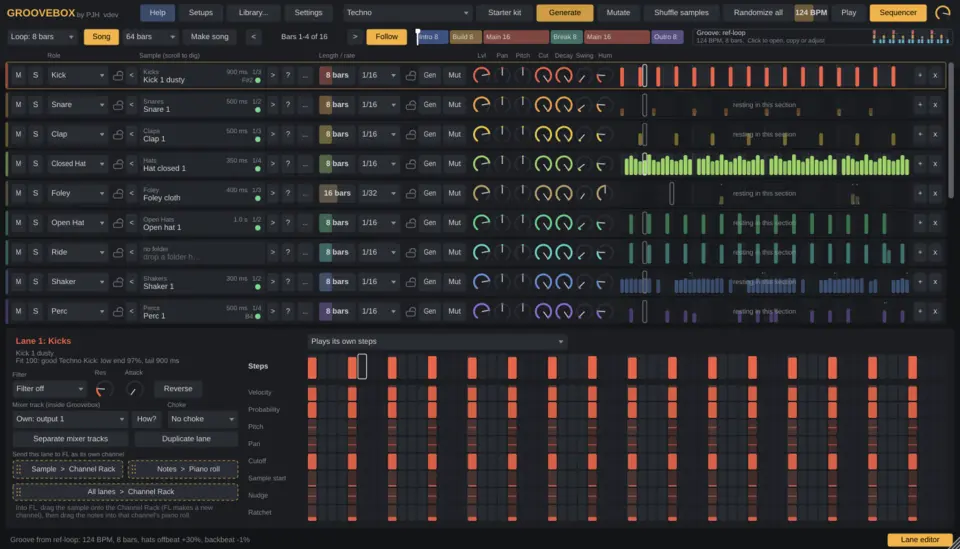 Groovebox window with drum lanes