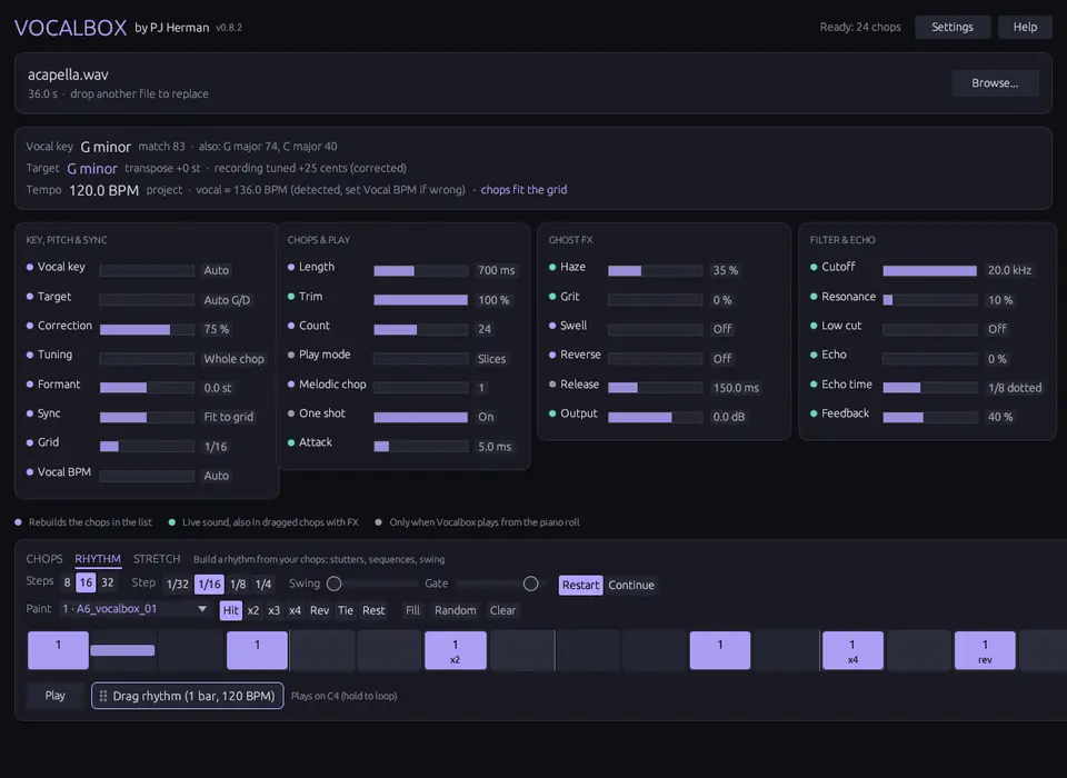 Vocalbox window with the Rhythm tab open